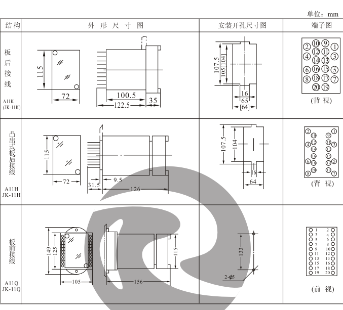 JZJ-208,JZY-208中間繼電器外形及安裝開孔尺寸圖